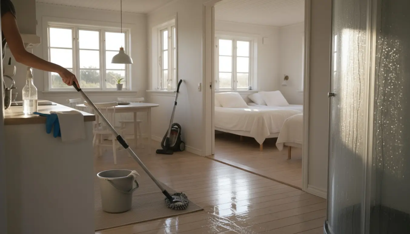 Solfyldt sommerhusinteriør under forårsrengøring med moppe, støvsuger og nyredte rum.