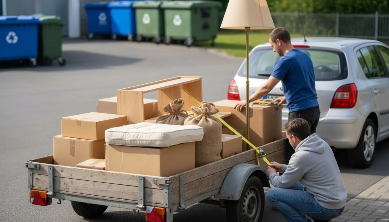 Trailer fyldt med møbler og sække ved en genbrugsstation, to personer læsser uden synlige ansigter.