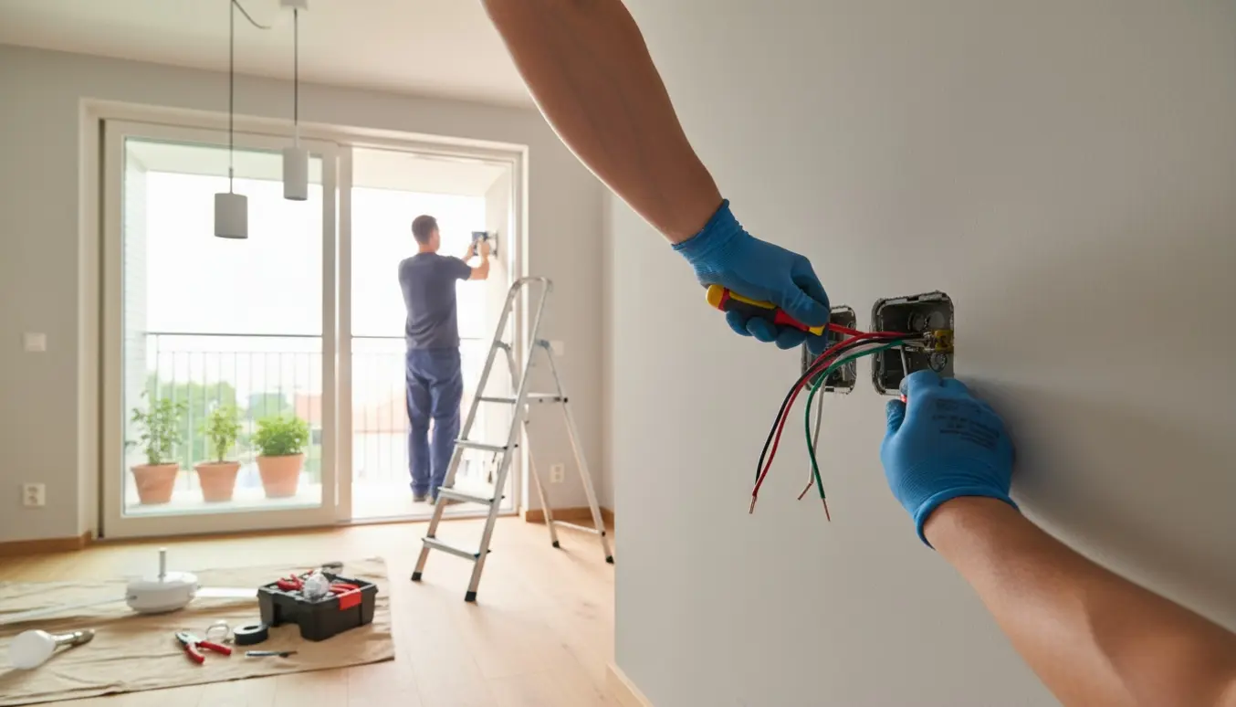 Elektriker set bagfra monterer lamper, laver en stikkontakt på altanen og reparerer et eludtag i en lys lejlighed.