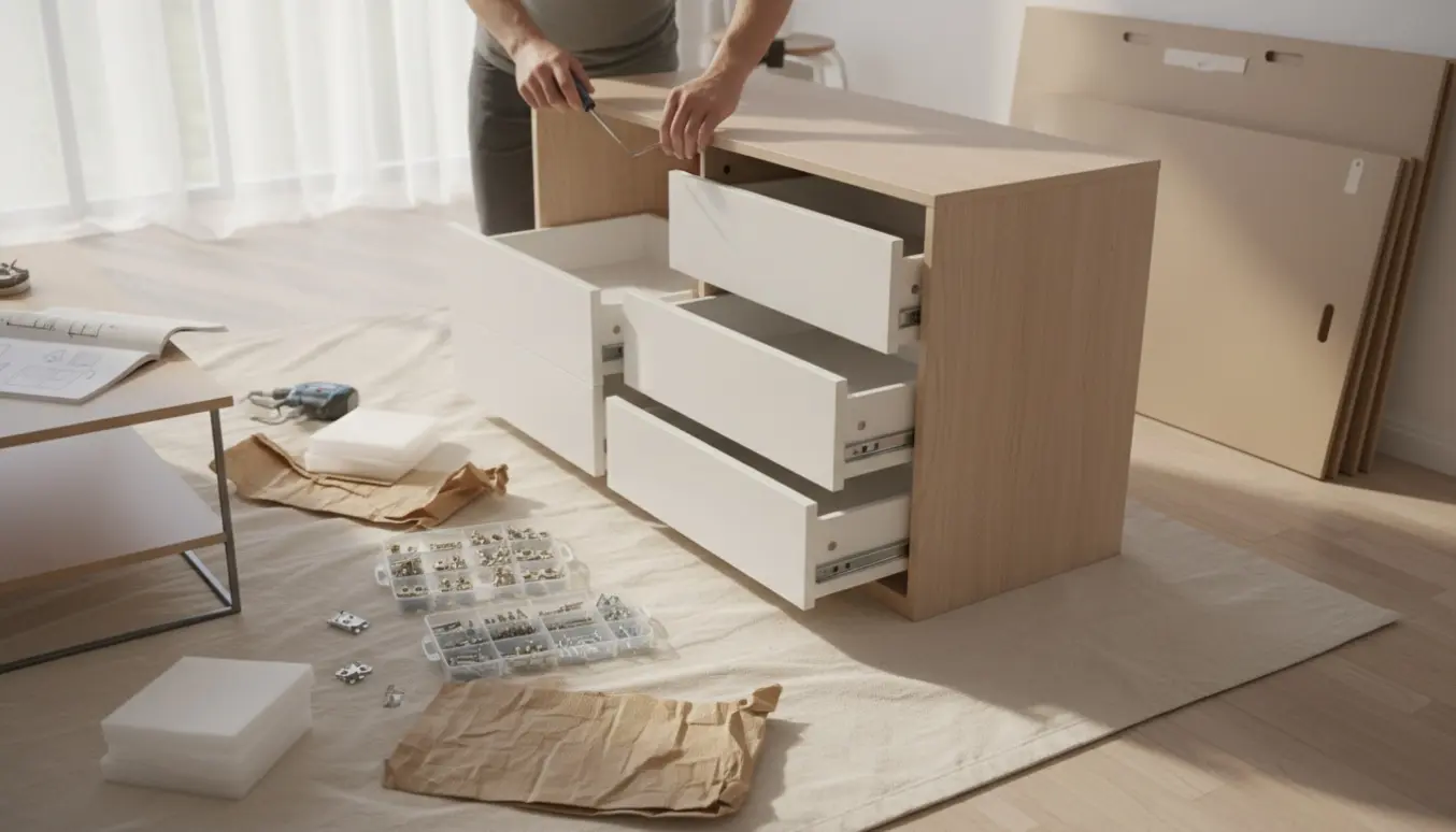 Halvfærdig IKEA-kommode med hænder og værktøj, der samler skuffer i et lyst rum.