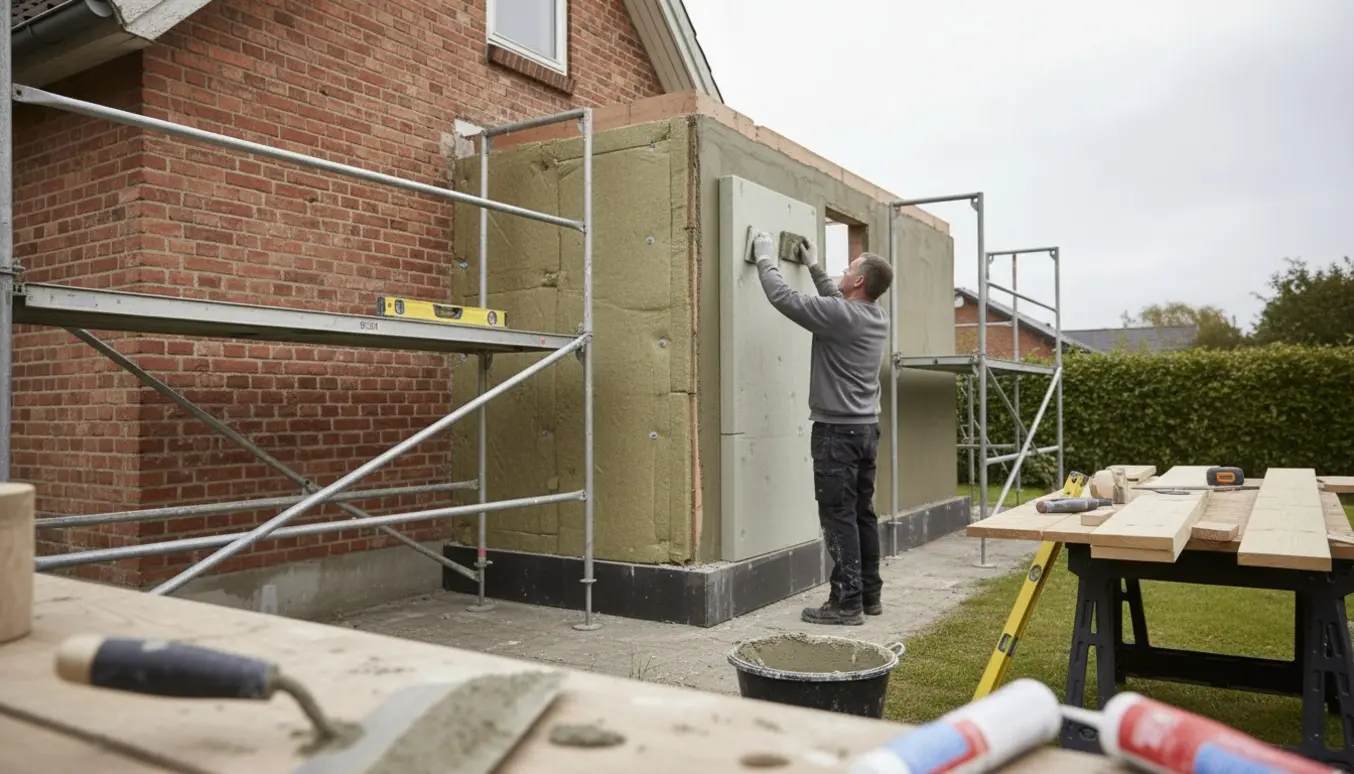 Håndværkere monterer isoleringsplader og pudser en muret tilbygning ved et rødt murstenshus i Nordsjælland.