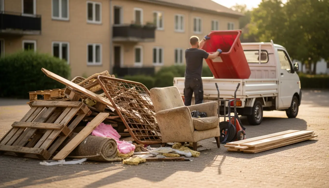 Storskrald med paller og brædder læsses i en varevogn, mens en rød affaldsbeholder tømmes.