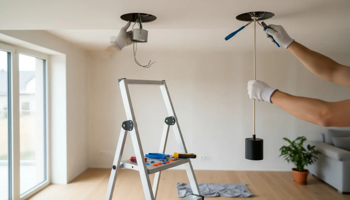 Hænder monterer indbygningsspots og tilslutter en moderne loftslampe i et lyst rum.