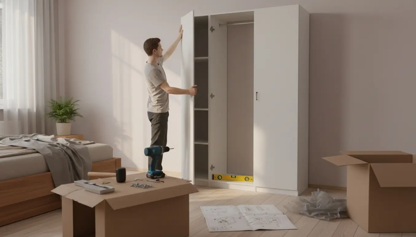 To personer samler et hvidt PAX-garderobeskab i et lyst soveværelse med værktøj og kasser på gulvet.