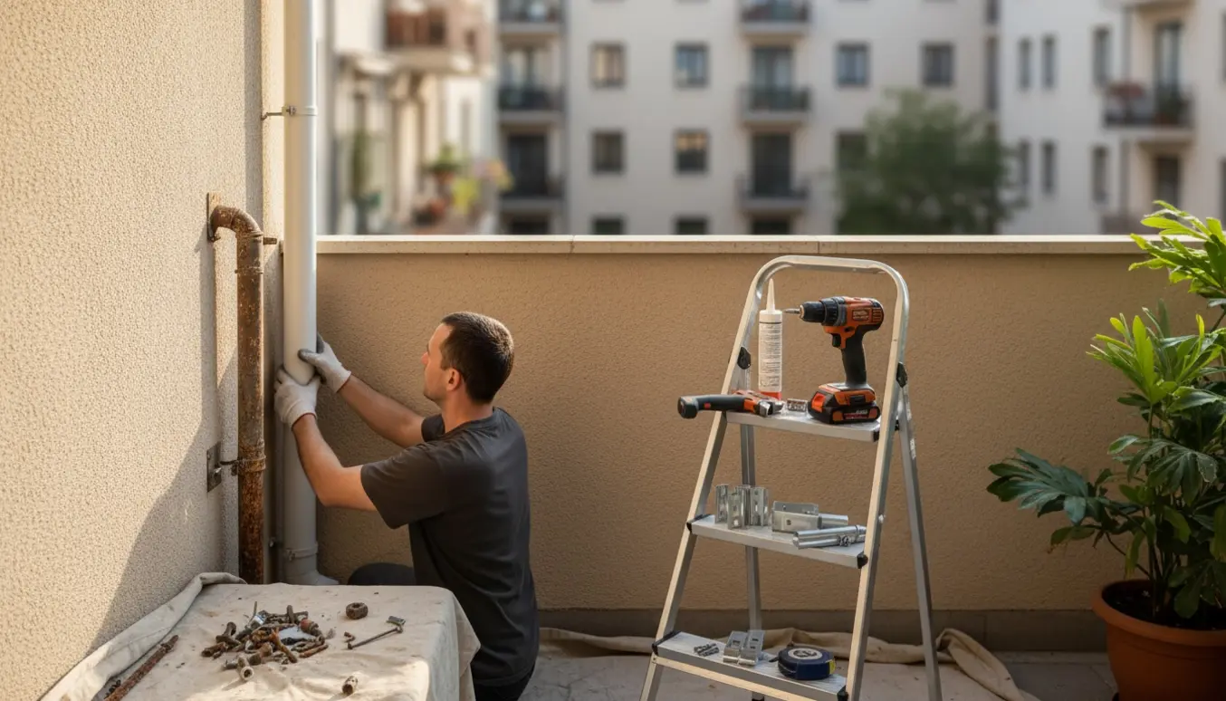 Udskiftning af et nedløbsrør på en altanvægs med nyt slankt rør og værktøj i forgrunden.