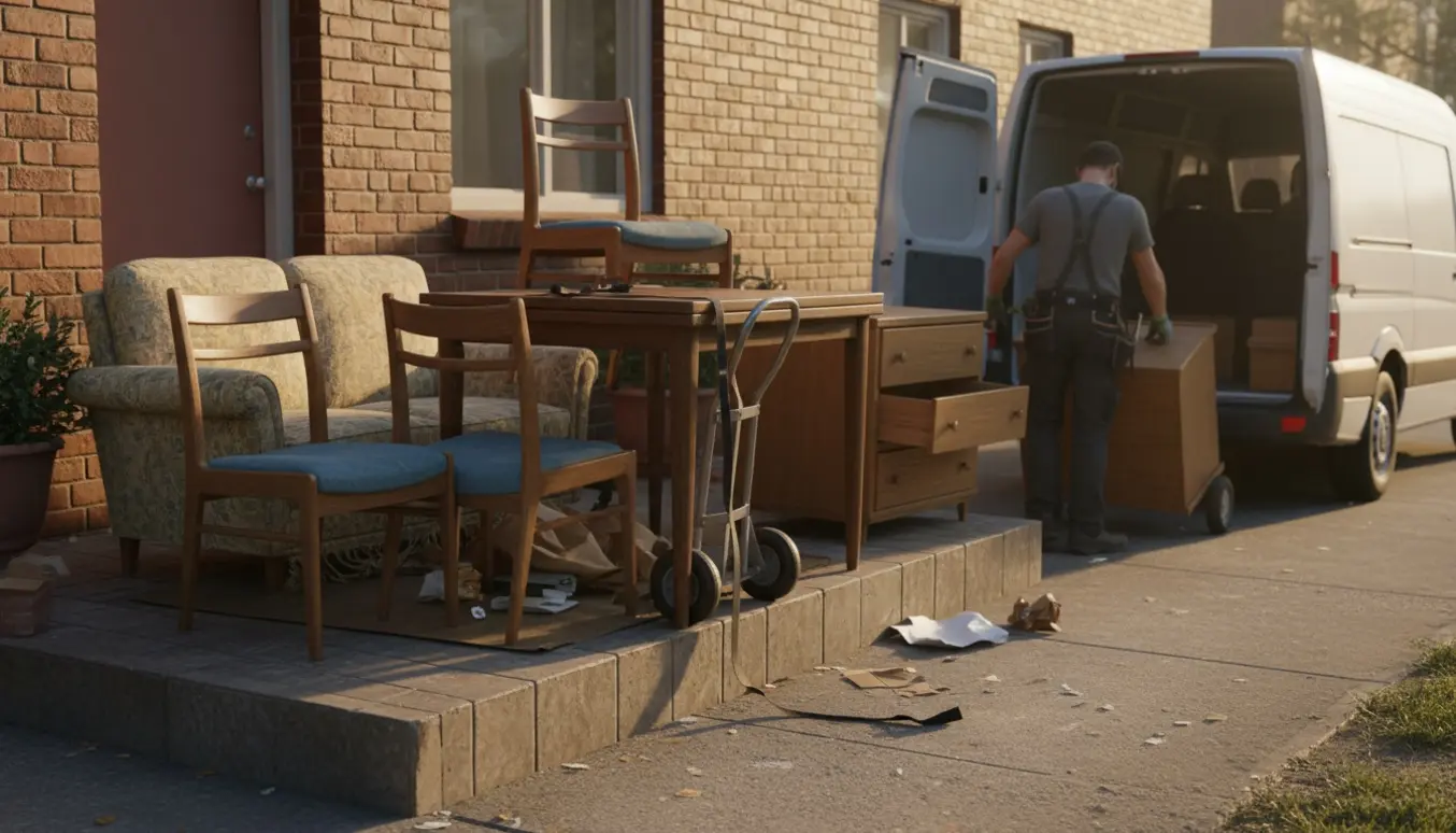 Storskrald samlet foran en opgang: stole, et bord, en lille 2-personers sofa og en kommode klar til afhentning.