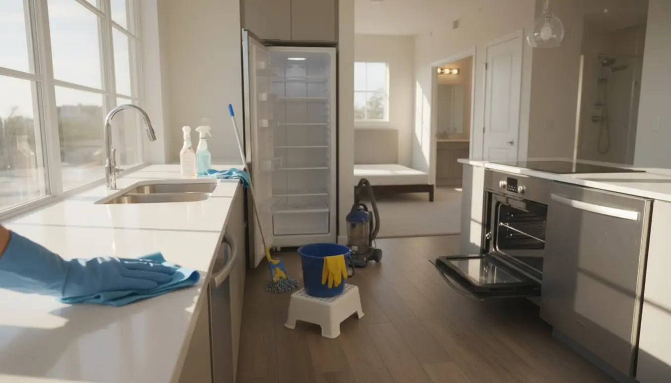 Solbelyst lejlighed med rengøringsudstyr og nyvaskede overflader klar til fraflytning.