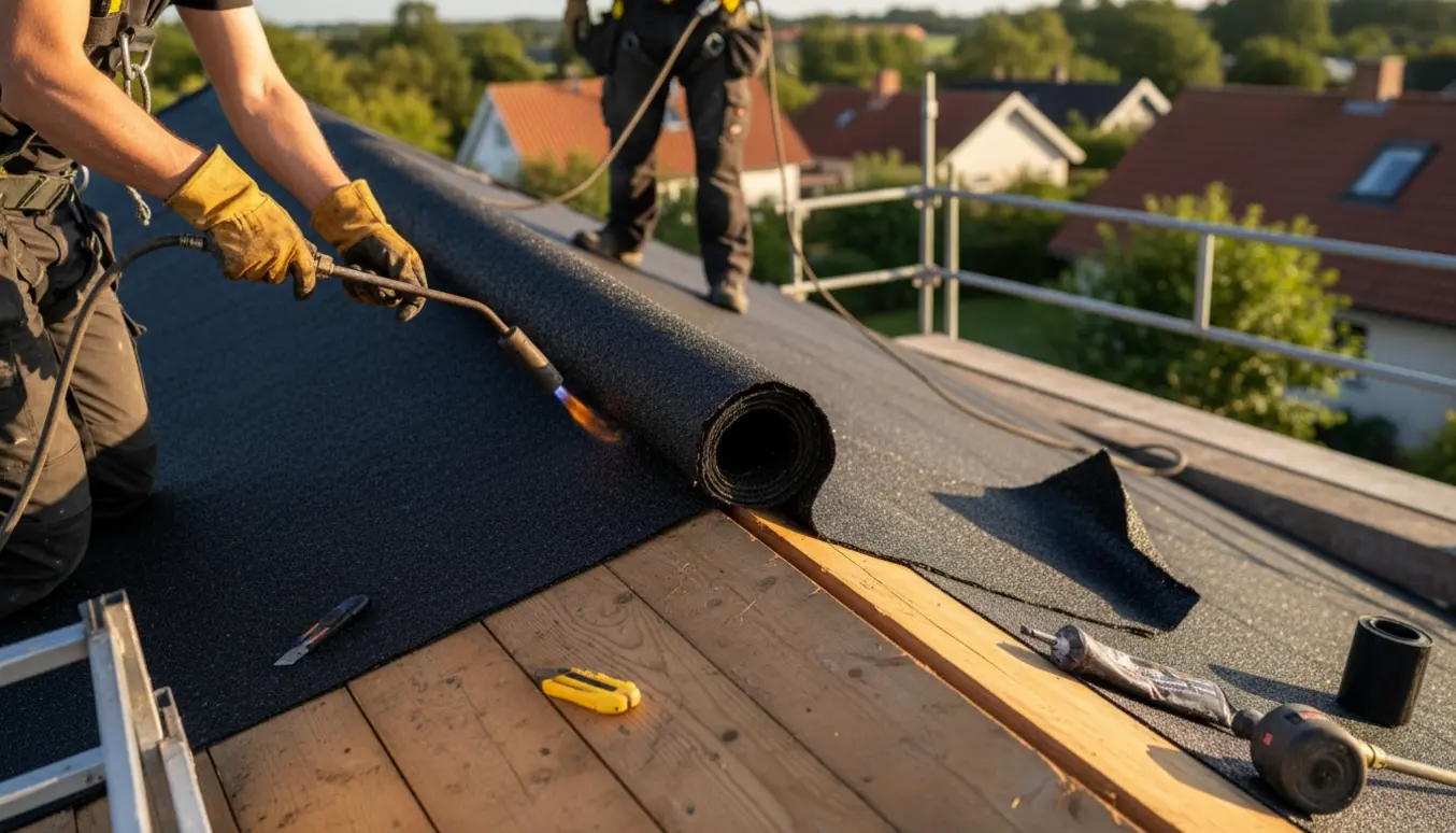 Nyt sort tagpap rulles ud på et boligtag med håndværkeres arme og værktøj synlige, ansigter ikke tydelige.