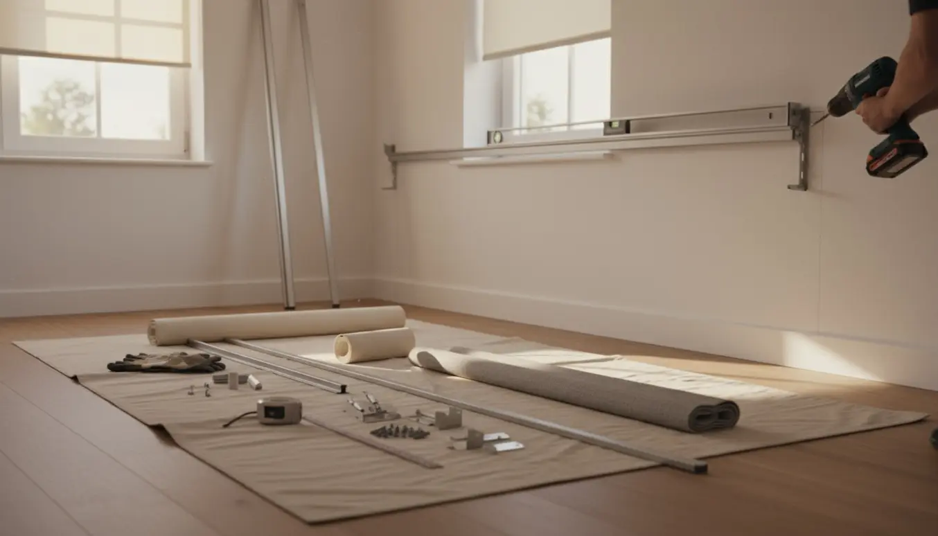 Hænder der måler og monterer gardinskinner og rullegardiner ved et solbelyst vindue.