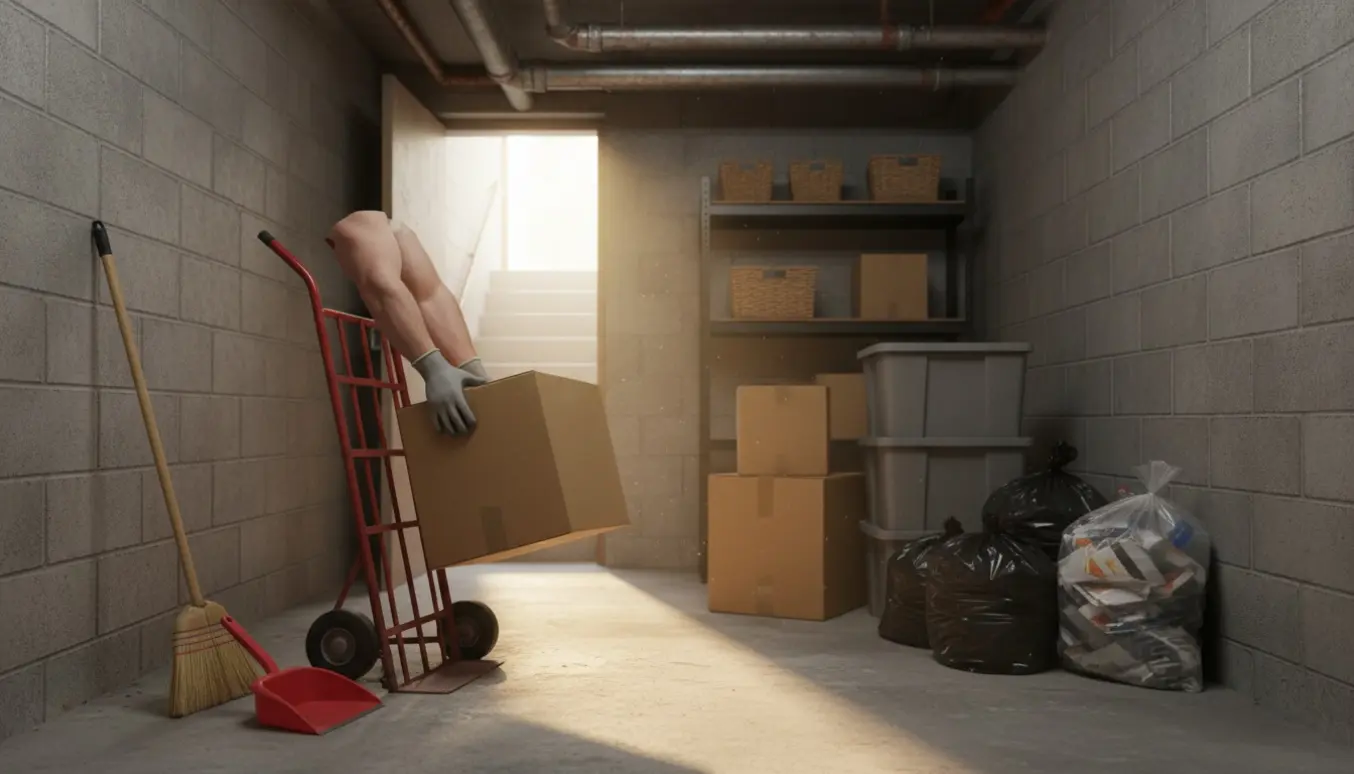 Gloveklædte hænder læsser en karton på en tralle i et lille kælderrum klar til bortskaffelse.