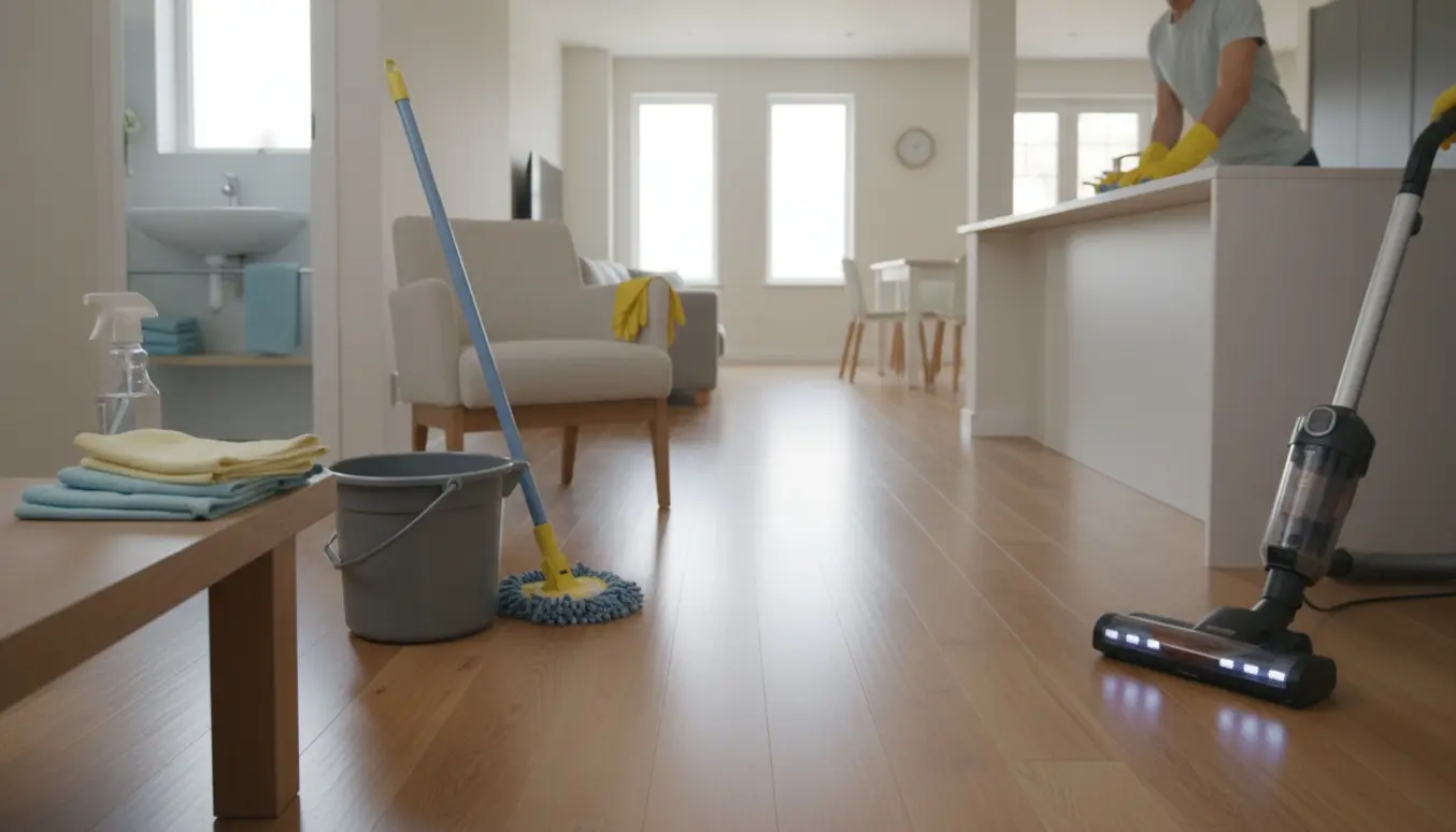 Lyst foto af rengøring i hjemmet med støvsuger, moppe og hænder i handsker, der tørrer en bordplade.