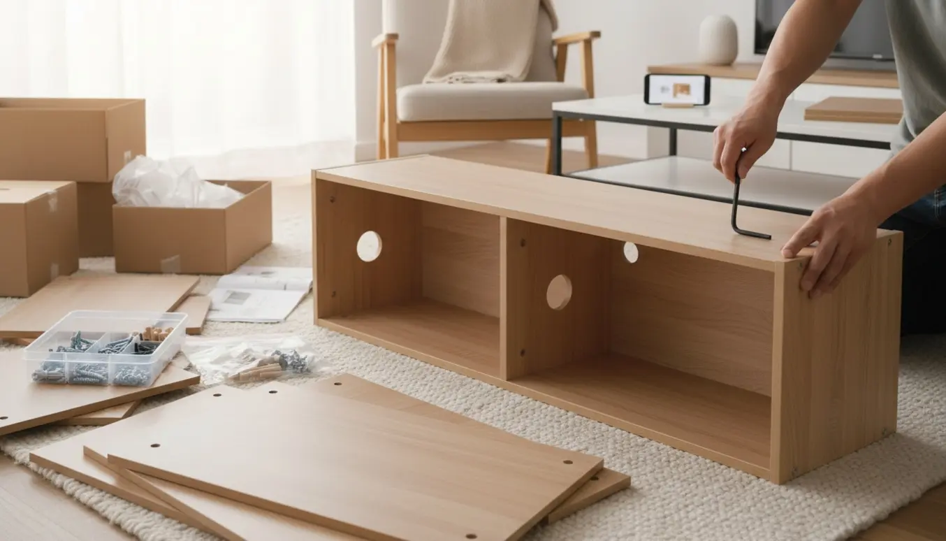 Hænder samler fladpakket bogreol med skruer, dyvler og unbrakonøgle i en lys stue.