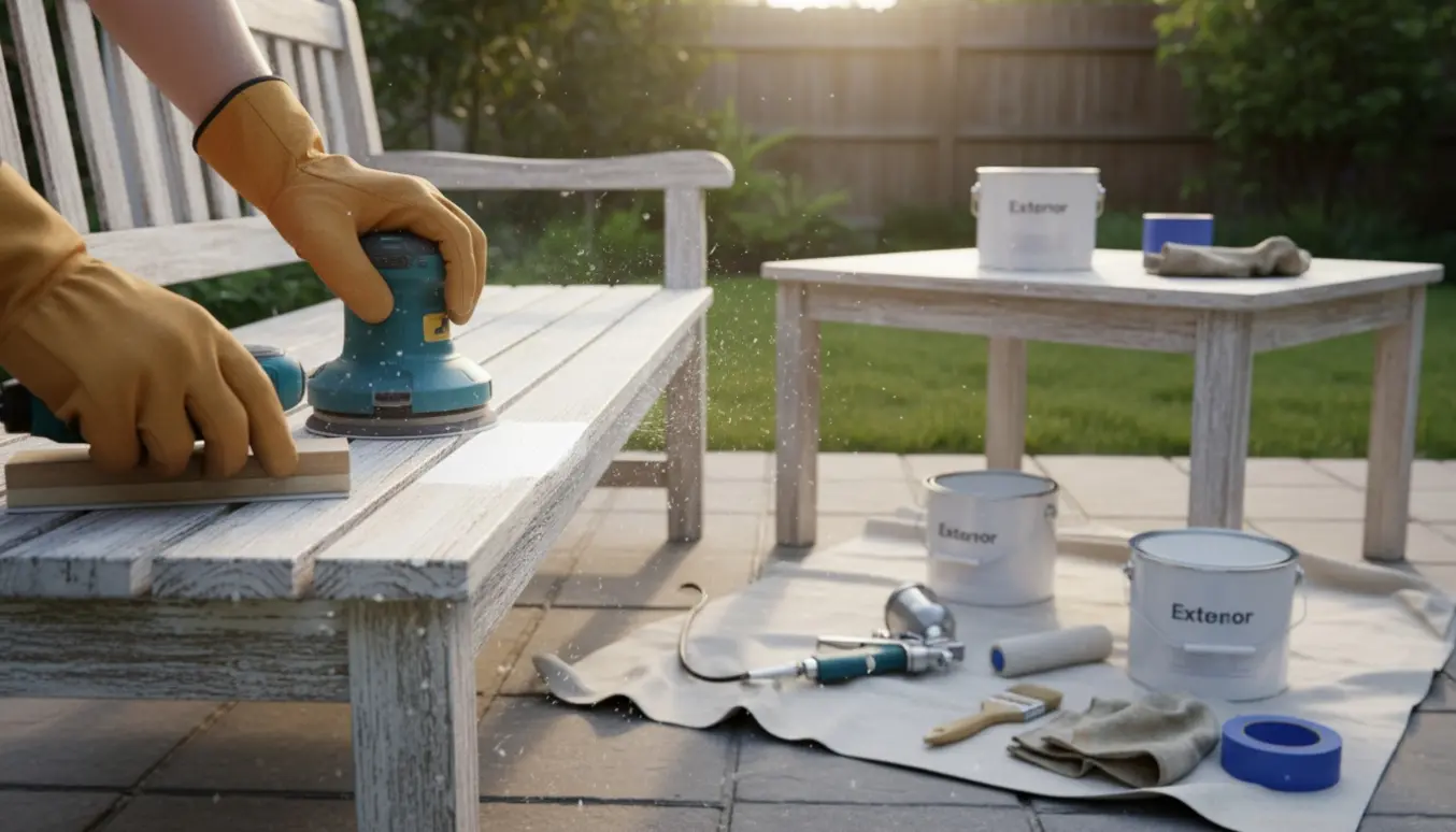 Nærbillede af hvidmalet havebord og bænk under slibning og maling i en solbeskinnet have med værktøj og malerbøtter.