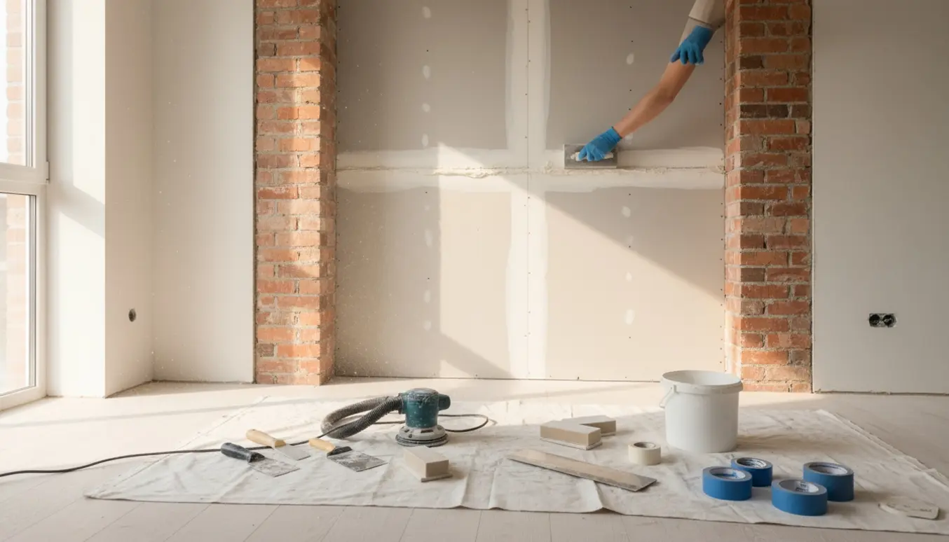 Hænder sliber spartelmasse på et lukket dørhul dækket med gipsplader og murstenskanter.