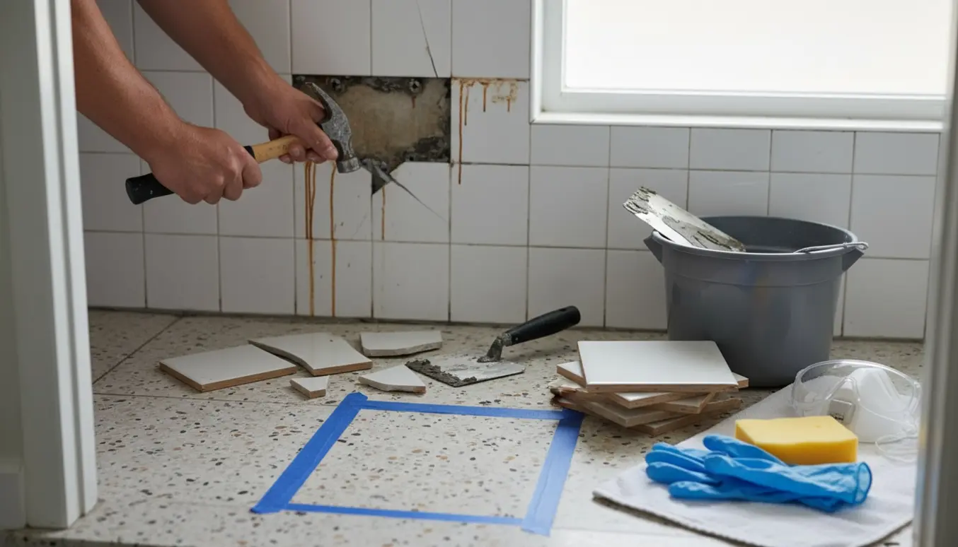 Nærbillede af hænder, der skifter ødelagte klinker i et badeværelse med slidt terrazzo-gulv og en lille poleret prøve.