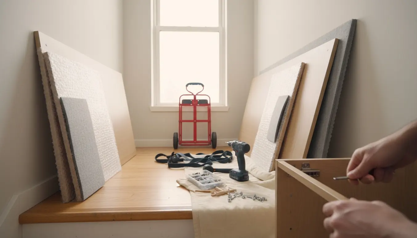 Hænder løsner hængsel på et fladtpakket skab i en trappeopgang med værktøj og flytteudstyr.