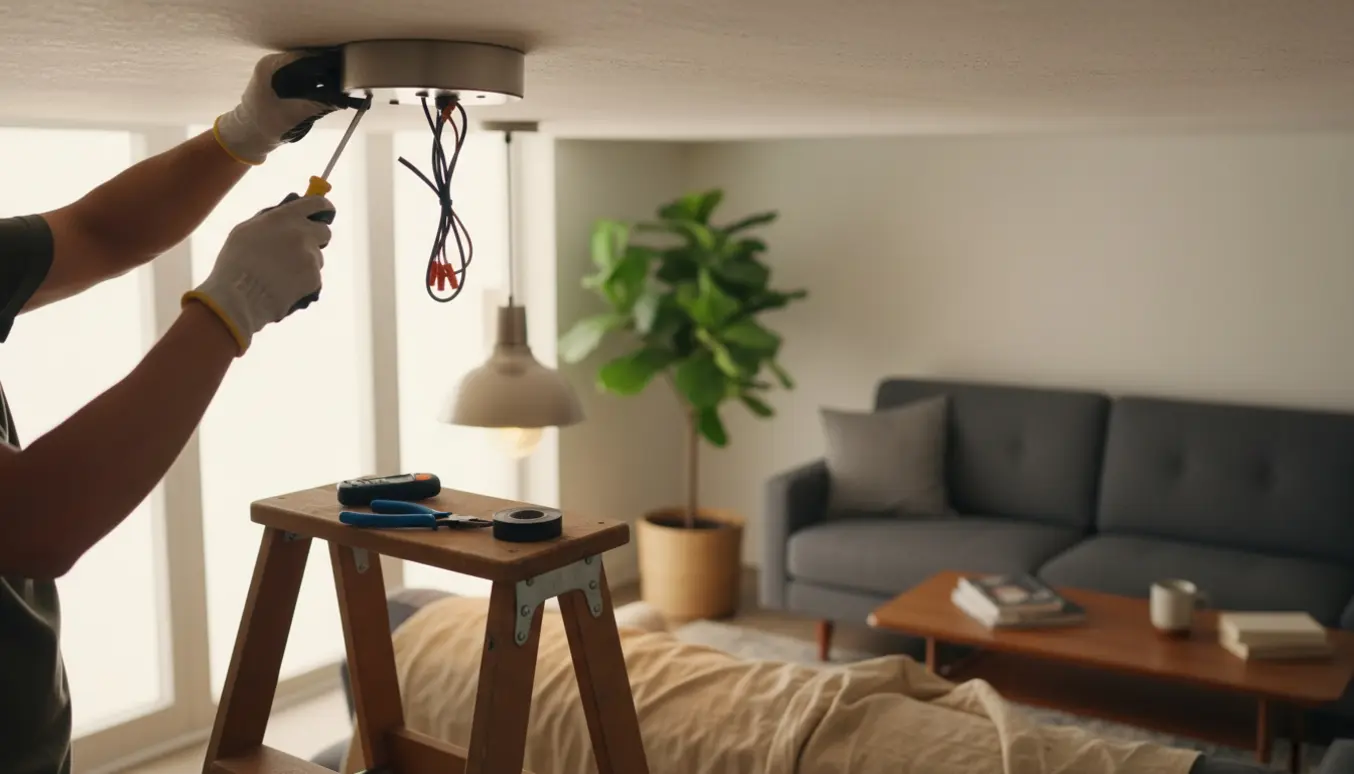 En person monterer en moderne loftlampe i en stue, fokus på hænder, værktøj og lampe uden synligt ansigt.