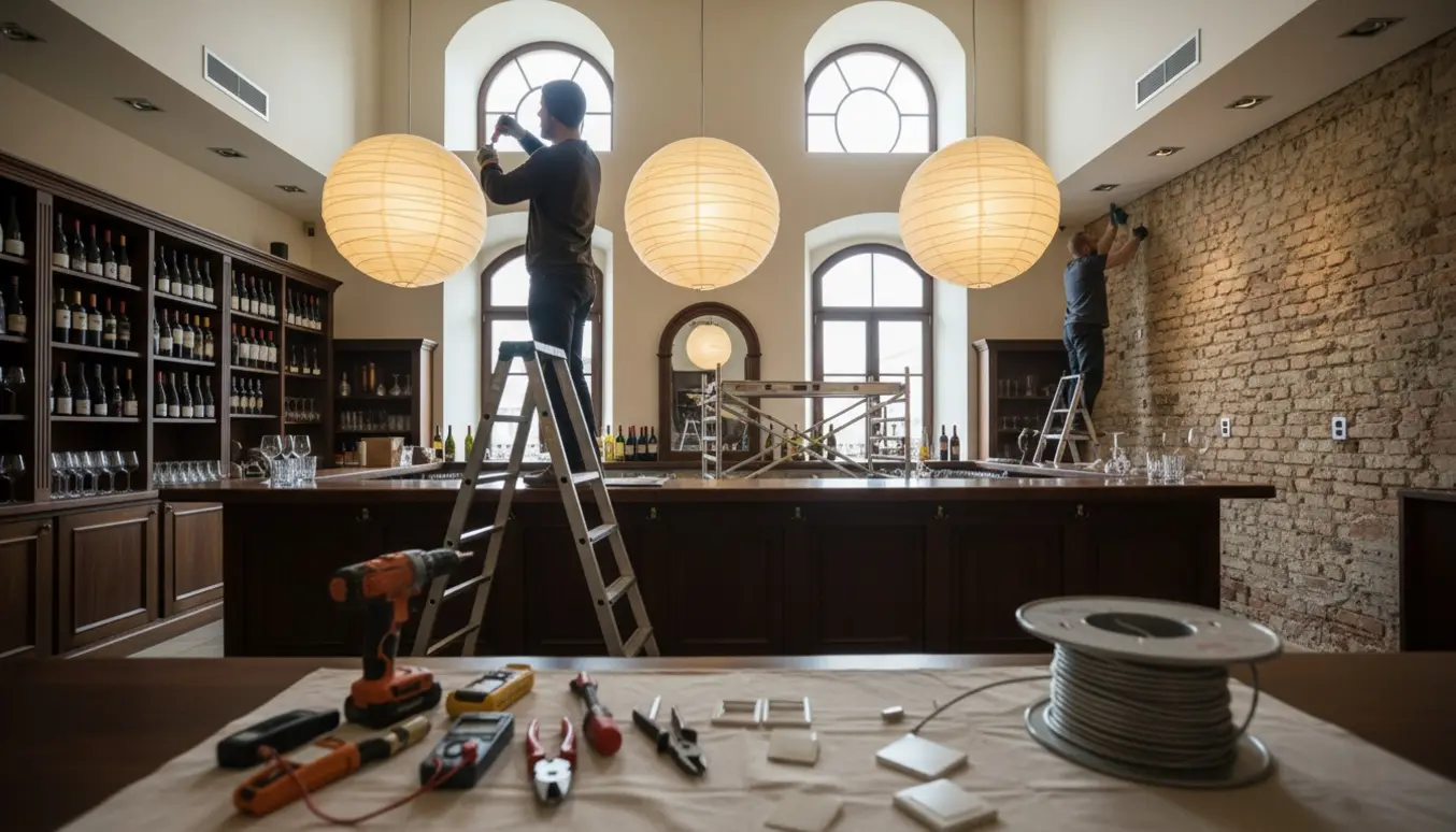 Håndværkere hænger tre store rislamper i en vinbar med højloft, mens spots og stikkontakter udskiftes.