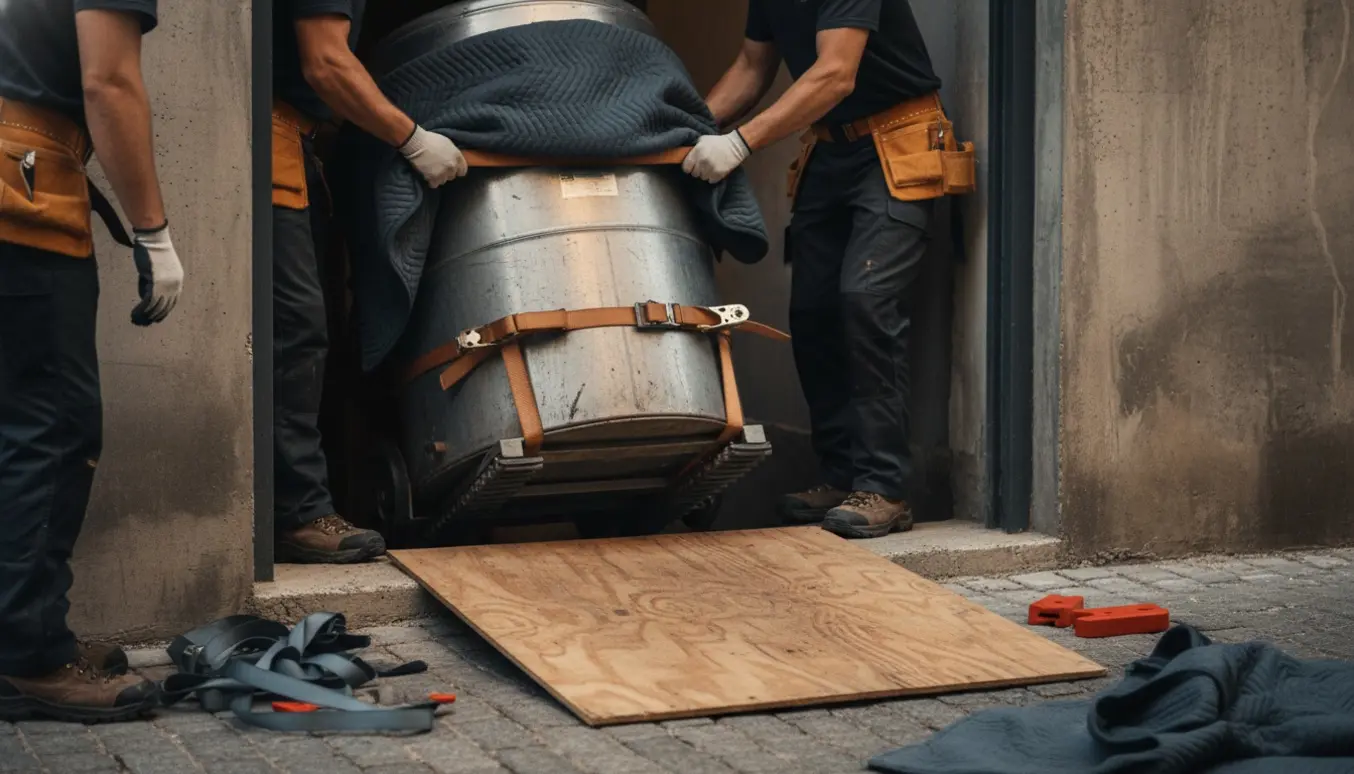 En varm vandsbeholder sænkes forsigtigt ned ad en trappe til kælderen, pakket i flyttetæpper og sikret på en tralle.