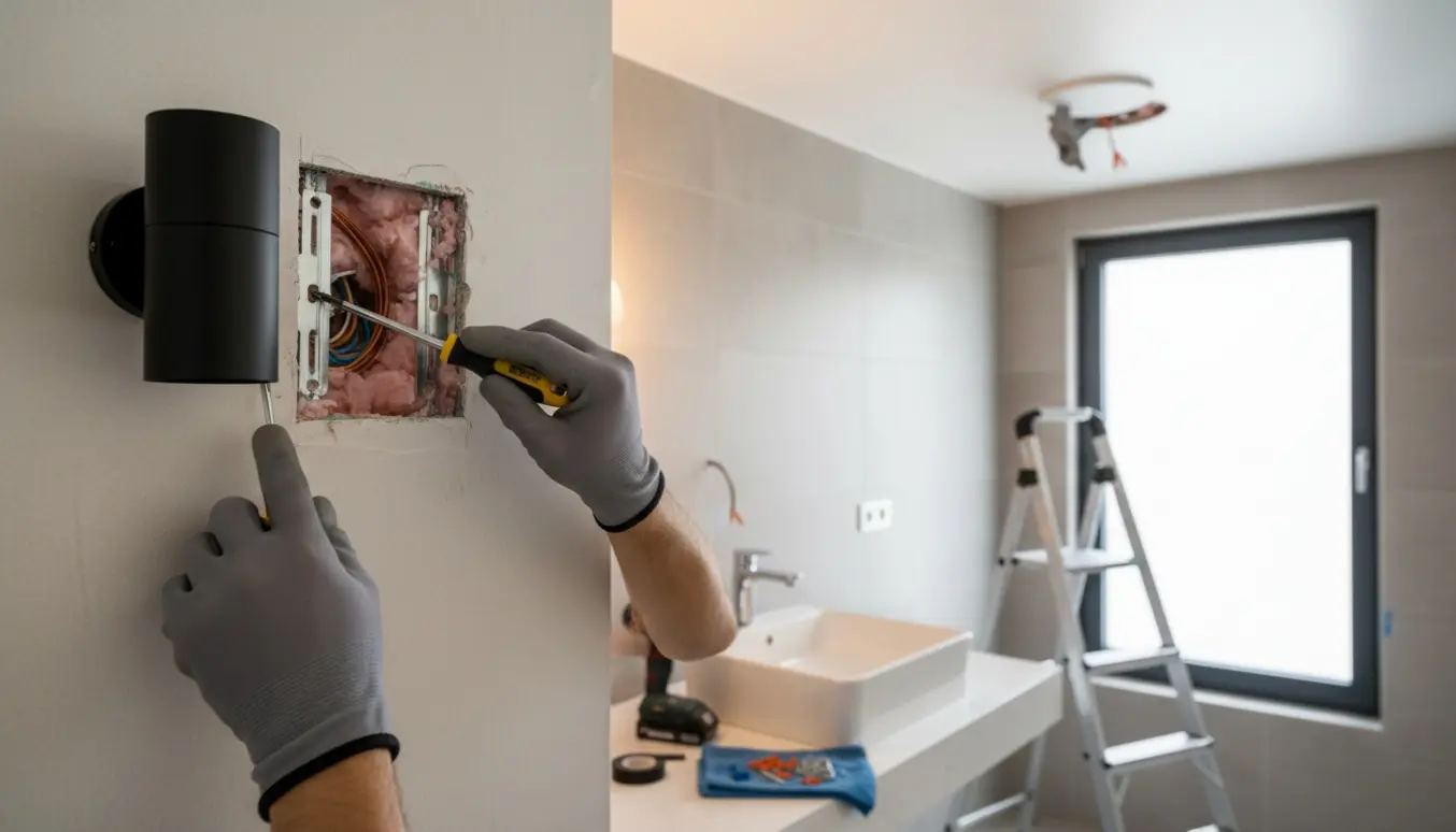 Nærbillede af hænder, der monterer en væglampe på gipsvæg med isolering synlig, mens en loftslampe installeres i et moderne badeværelse.