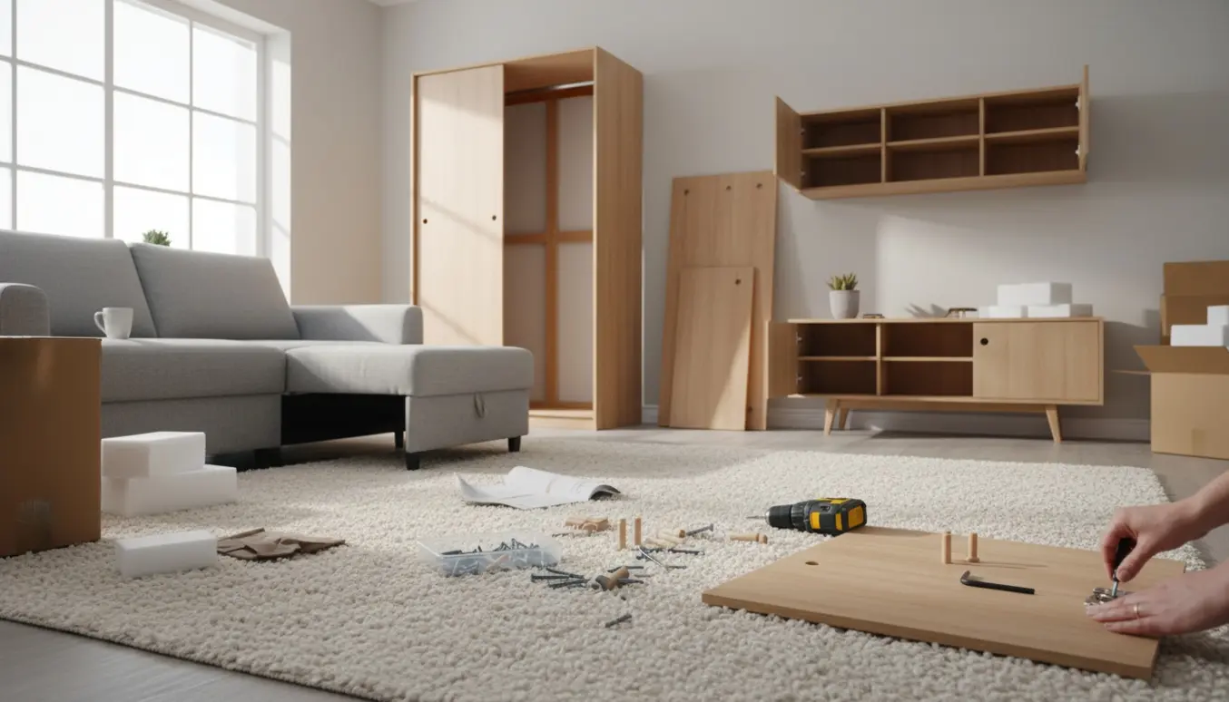 Delvist samlet garderobeskab, sovesofa og skænk i en lys stue med værktøj og hænder i arbejde.