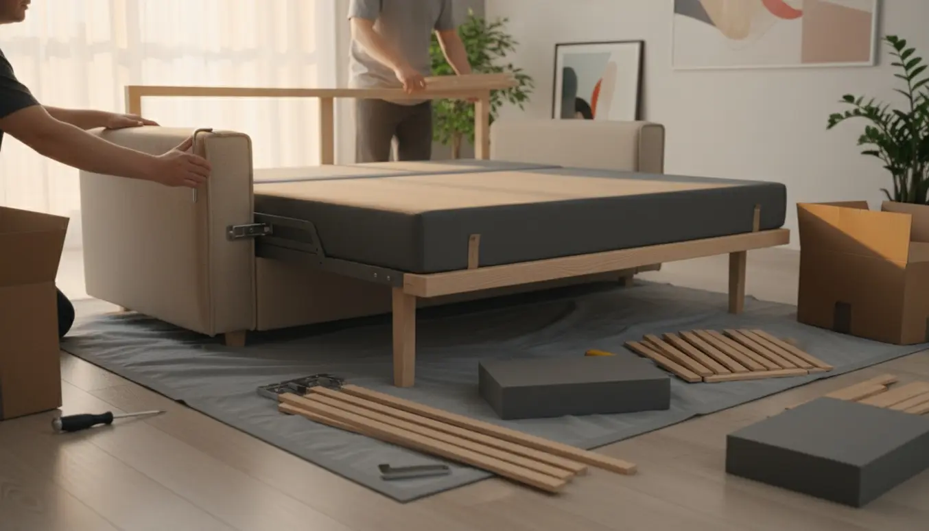 Montering af fladpakket sovesofa i en lys stue med værktøj og dele på gulvet.