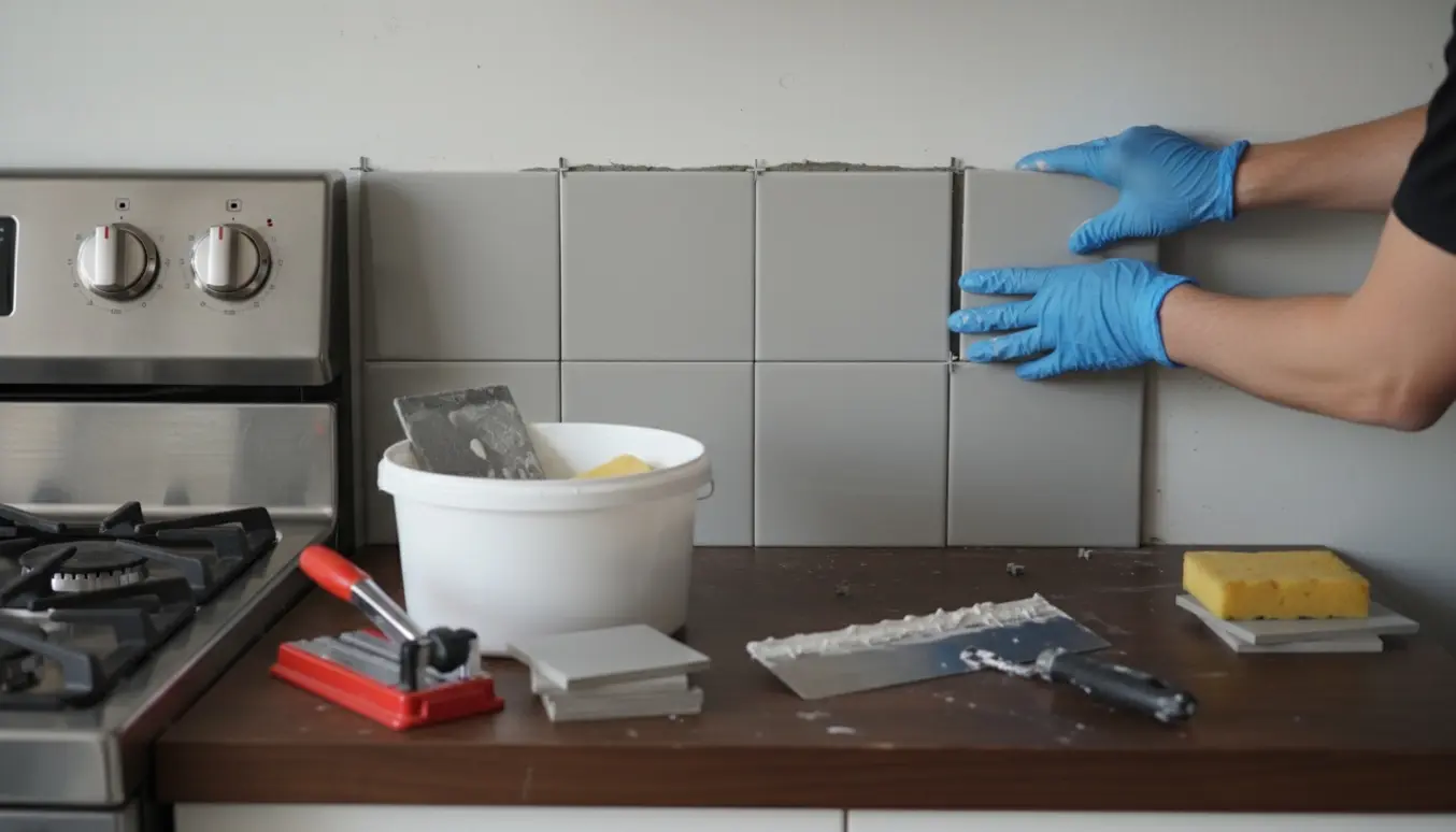 Nærbillede af fliseopsætning bag et komfur med hænder, fliseklæb, flisekryds og værktøj.