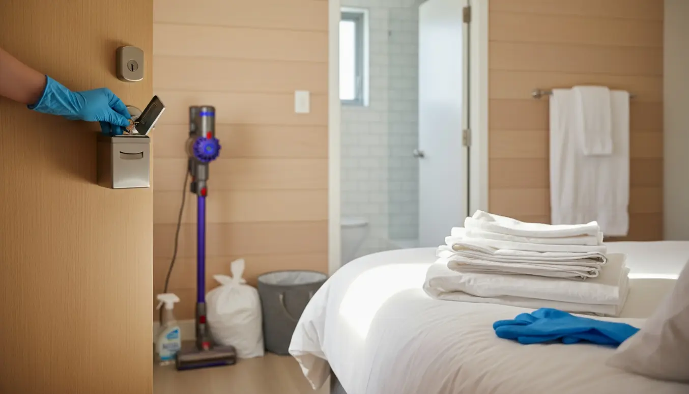 Hånd placerer nøgle i en vægmonteret nøgleboks i en lys Airbnb-lejlighed med friskt sengetøj og rengøringsudstyr.