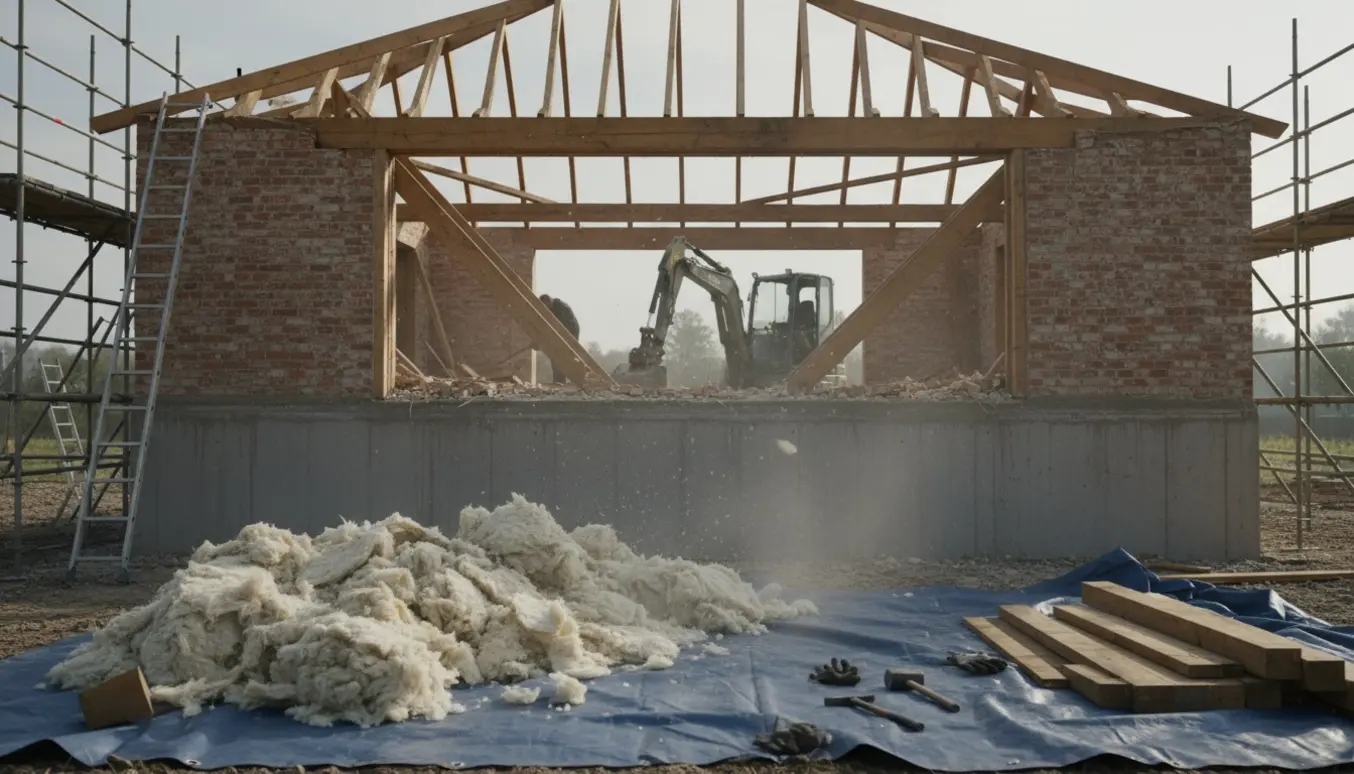 Delvist nedrevet hus med aftrukket tag, bunker af træ og isolering og blotlagte murstens- og betonvægge.