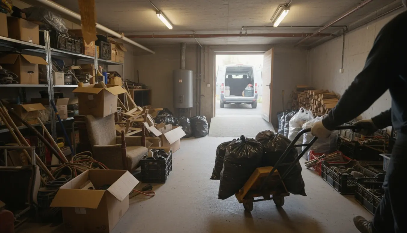 Bredt foto af en kælder under oprydning med kasser, sække og en flyttevogn klar til afhentning.