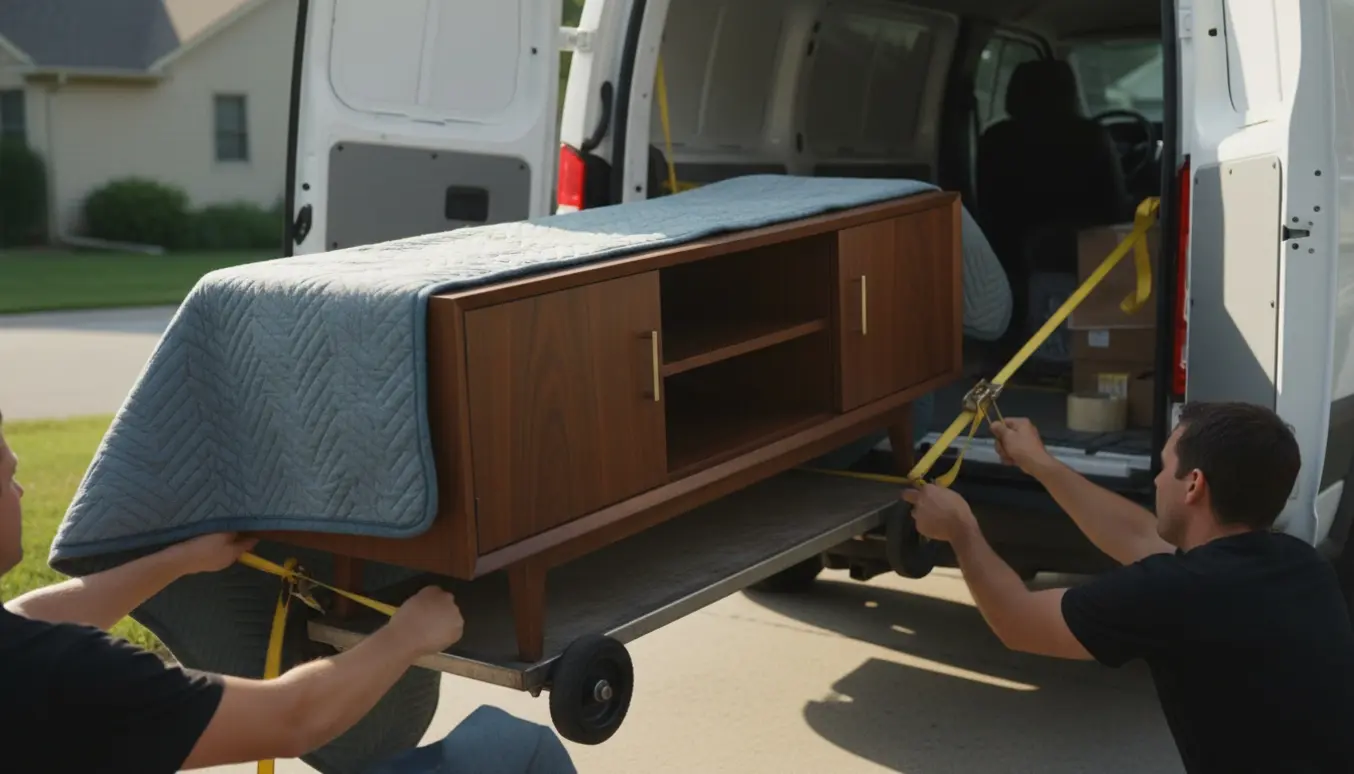 Et træ-TV-bord læsses ind i en varevogn på indkørslen med flyttetæpper og dolly, uden synlige ansigter.
