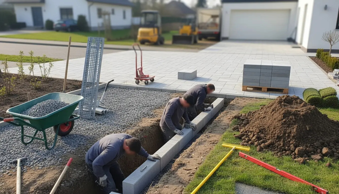 Udgravet indkørsel under udvidelse med nye kantsten, stabilgrus, specialriste og store fliser klar til lægning.