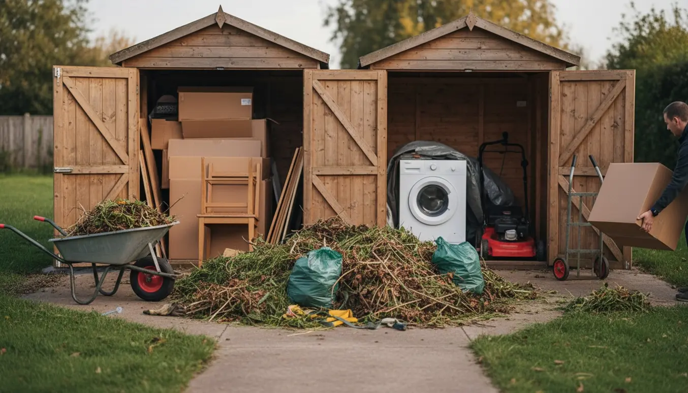 To åbne småskure fyldt med pap, små møbler, en vaskemaskine, en græsslåmaskine og bunker af haveaffald klar til tømning.