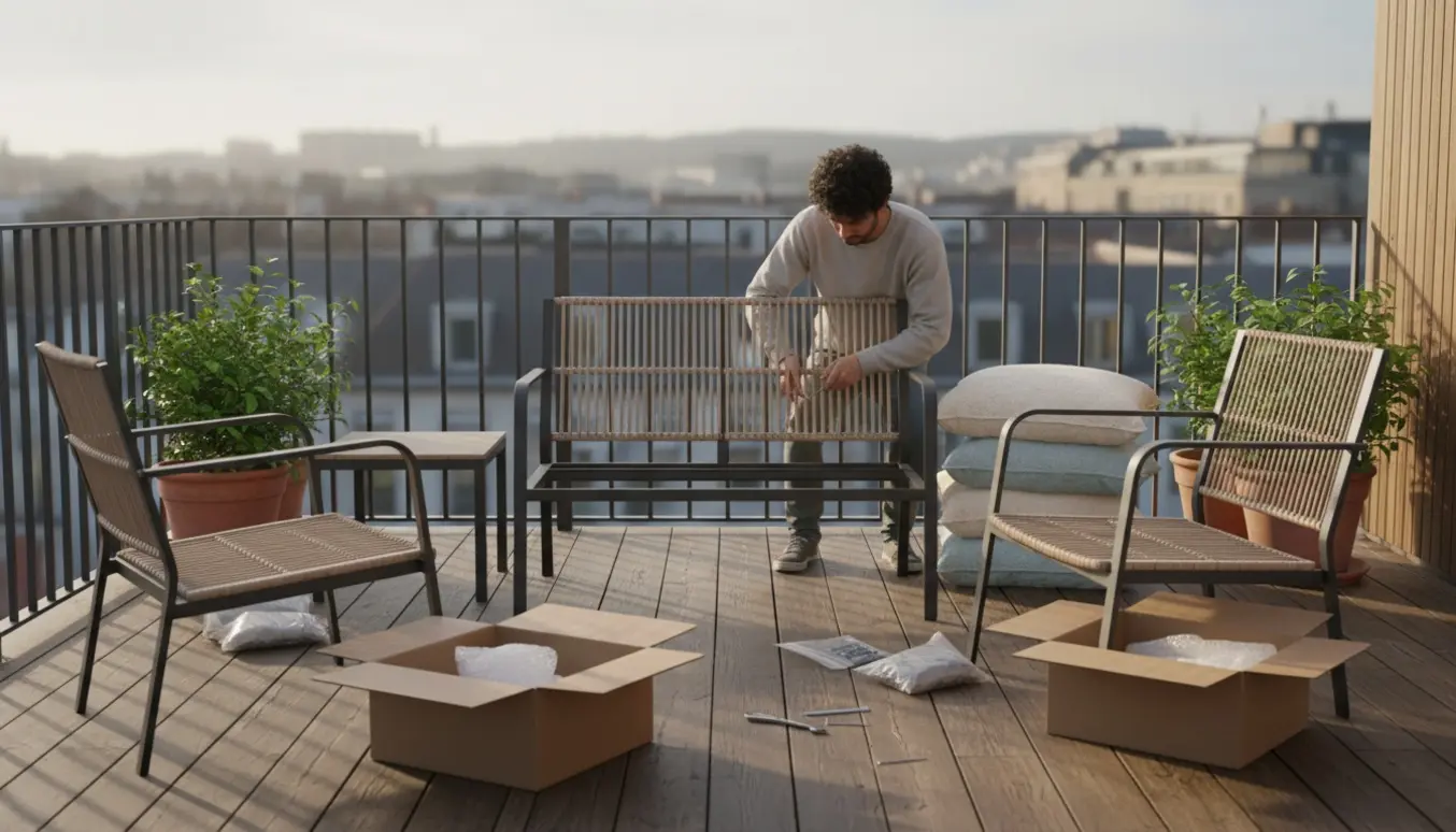 Hænder samler havemøbler på en lille altan: to stole, en sofa og et bord med værktøj og emballage.