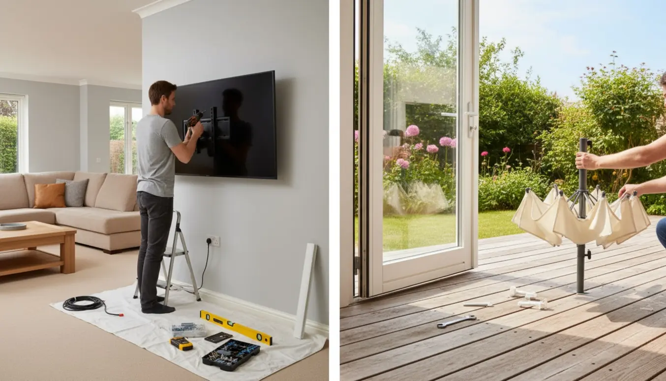 Et smart-tv monteres på væggen, mens toppen sættes på en haveparasol på terrassen.