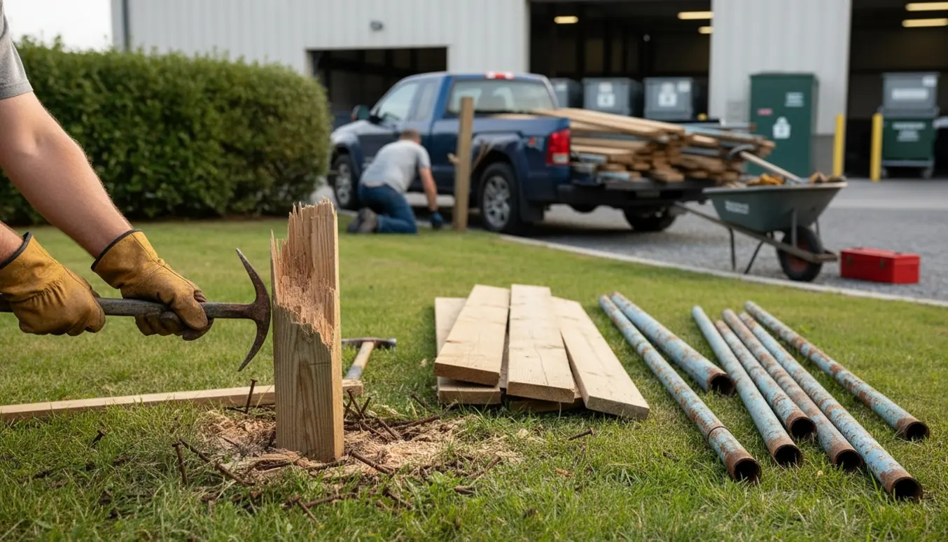 Nedtagning af et træhegn i en baghave, brædder læsses i en trailer klar til genbrugspladsen.