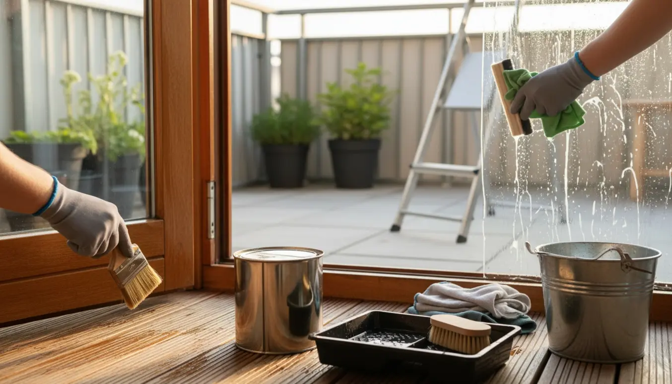 Hænder olierer en trædør og pudser terrassedør på en solrig altan.