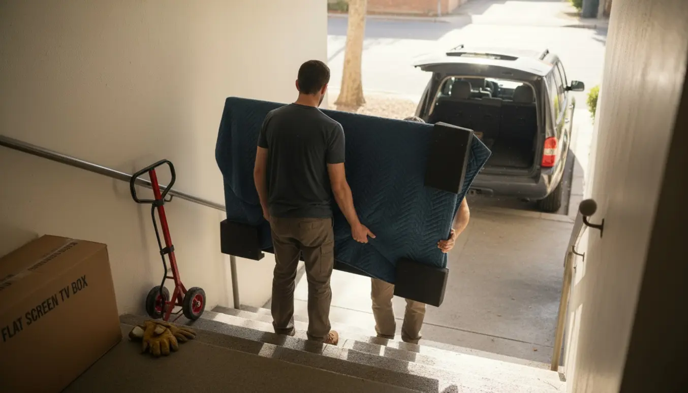 To personer bærer et indpakket fladskærms-tv ned ad en trappe mod en åben bils bagagerum.