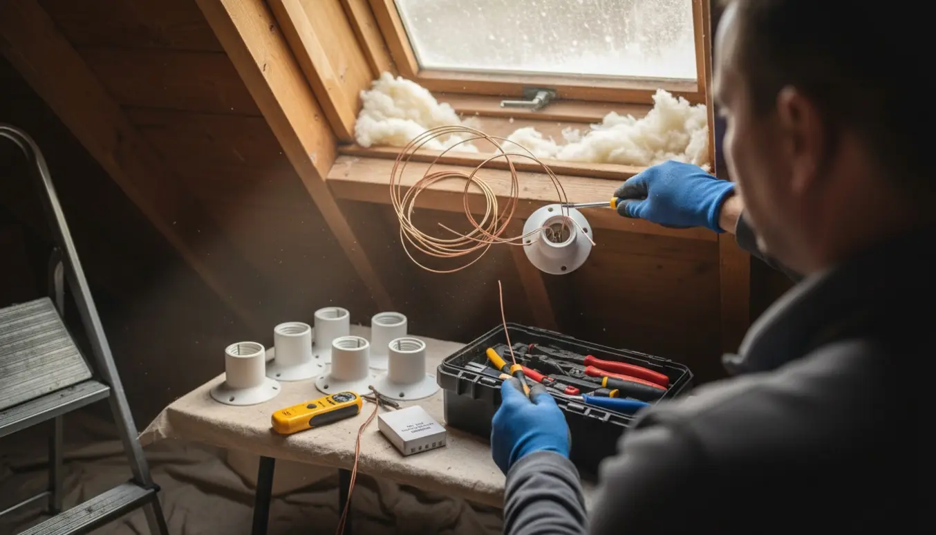 Hænder i isolerede handsker udskifter loftets lampeudtag ved en åben loftrum med værktøj og nye fatninger.