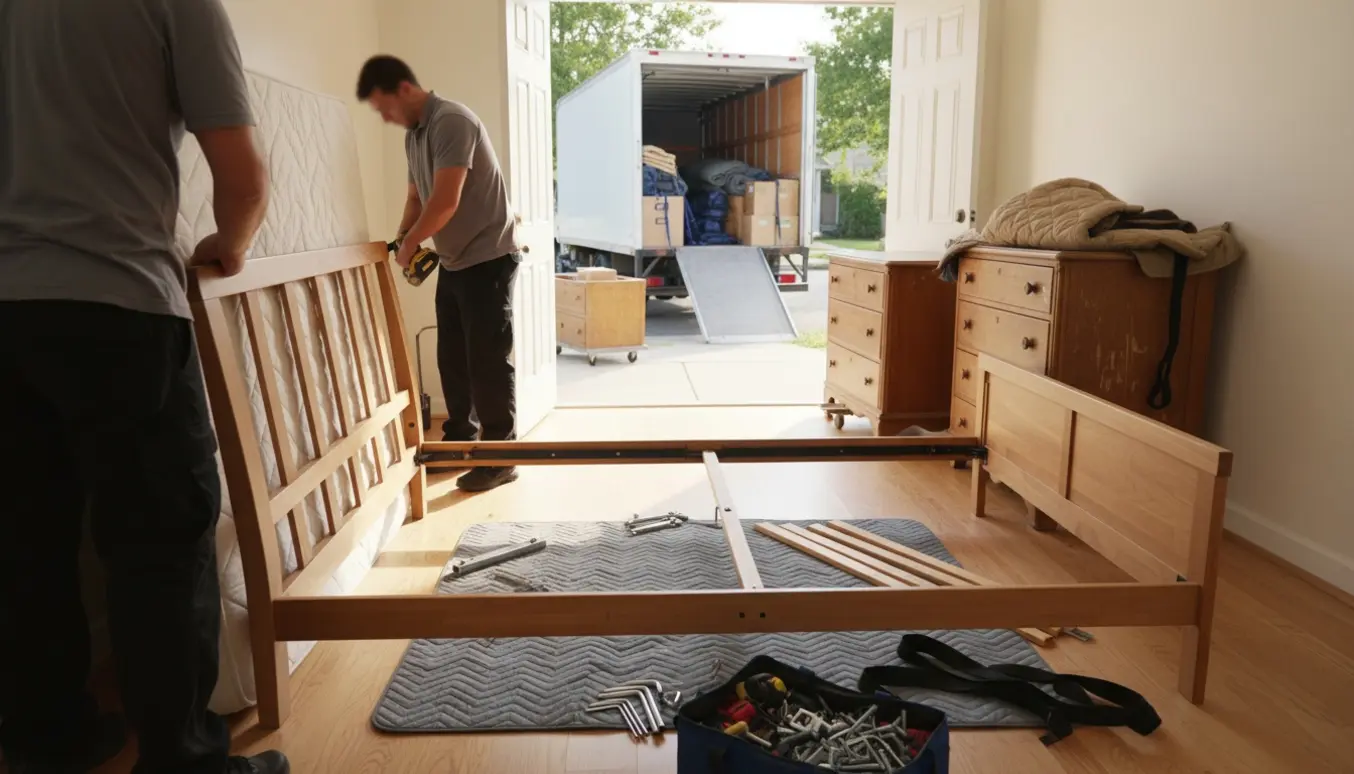 Delvist samlet seng med værktøj i hjemmet, åben flyttevogn uden logo og to kommoder ved fortovet.