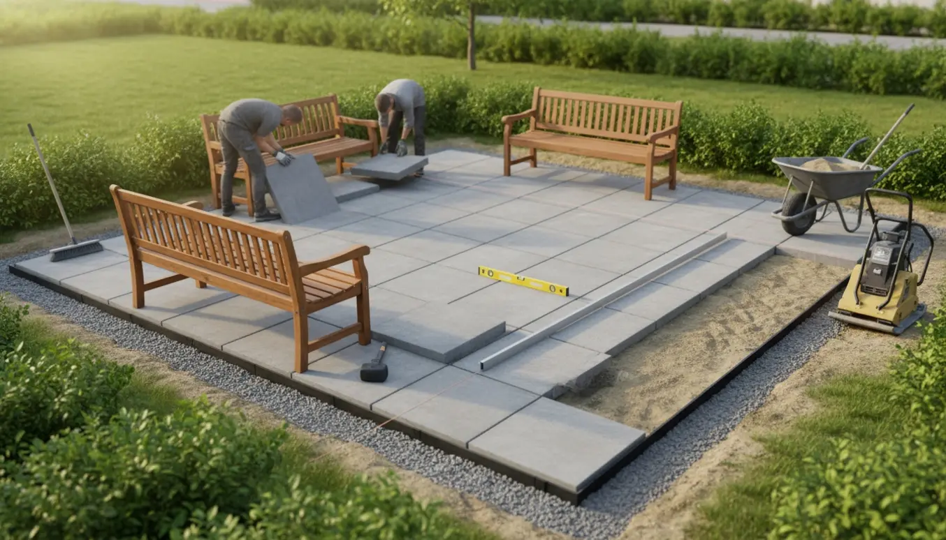 Store kvadratiske fliser lægges omkring to bænkesæt på et lille fælles udeareal.