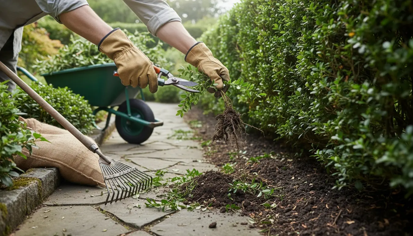 Hæk bliver trimmet og ukrudt fjernet i en have med haveredskaber og en trillebør i baggrunden.