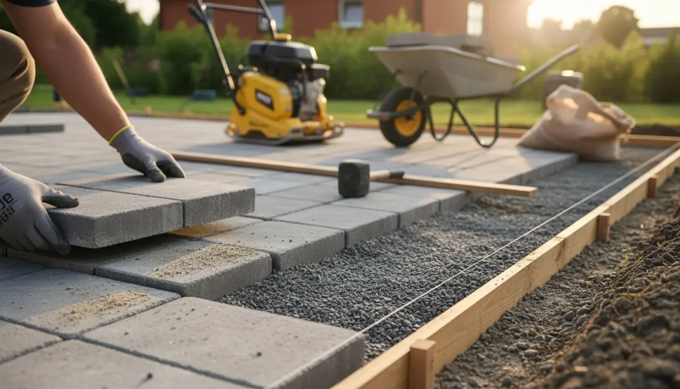 Nærbillede af fliselægning på stabilgrus med fliser og værktøj i en have.