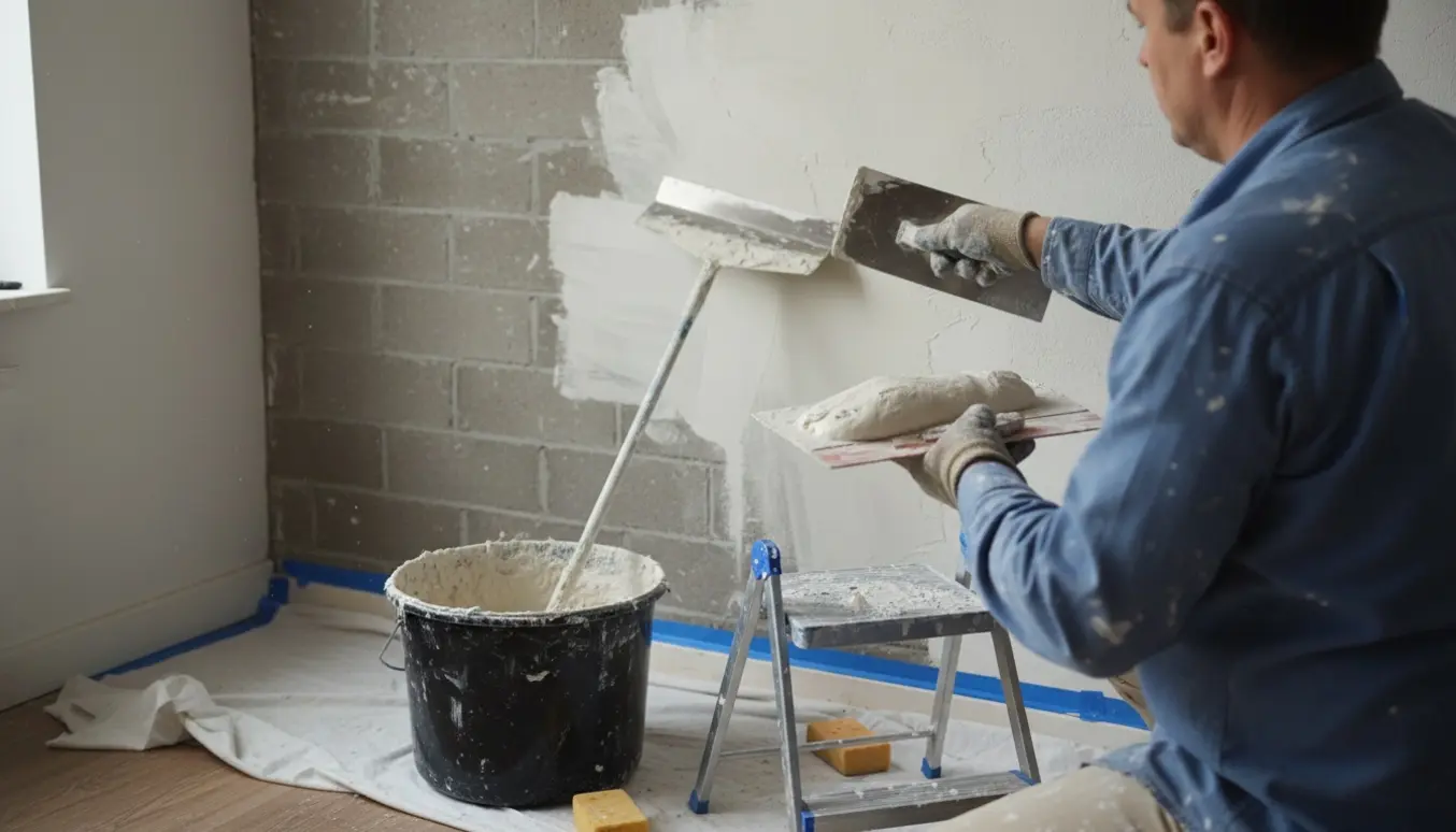 Hænder glatter frisk puds på en væg med murske og pudsebræt i et lyst renoveringsrum.