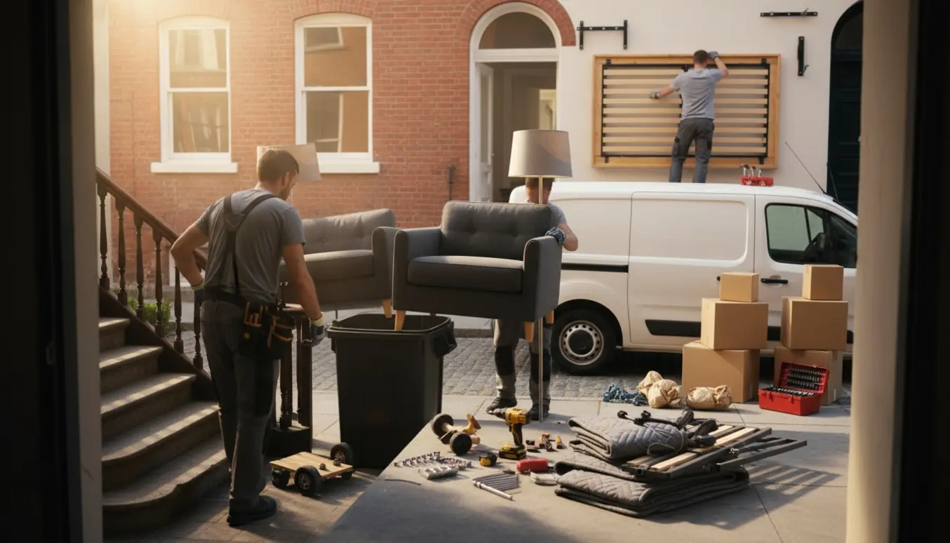 To flyttemænd bærer møbler ned ad trappe mod en container, med adskilt seng og flyttekasser i baggrunden.