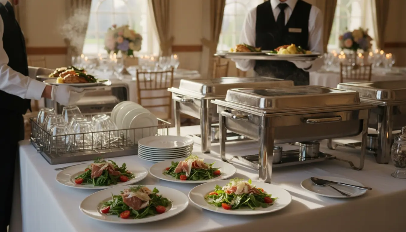 Serveringspersonale anretter og rydder op ved en bryllupsbuffet i en lys og elegant festsal.