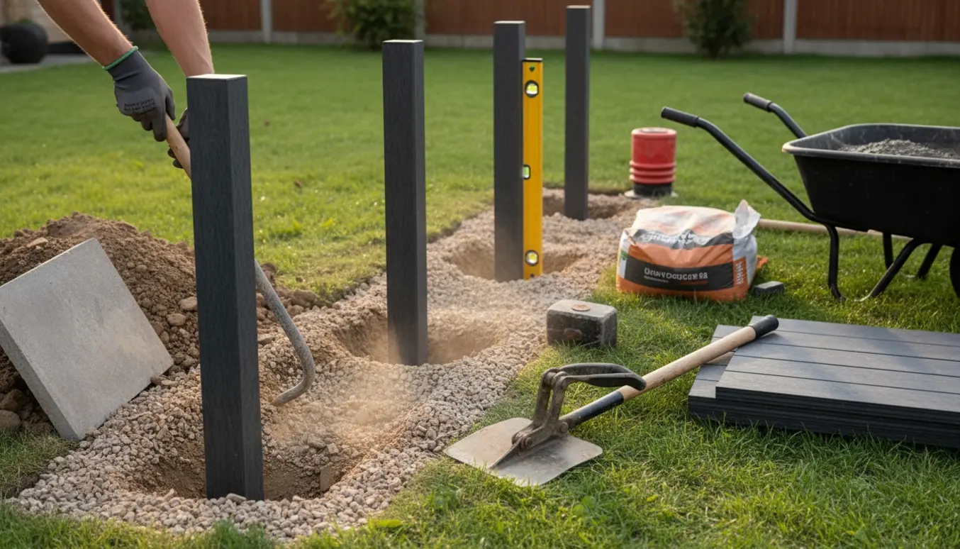 Tre stolper til komposithegn i en have med fjernet flise og gravet hul gennem stabilgrus.