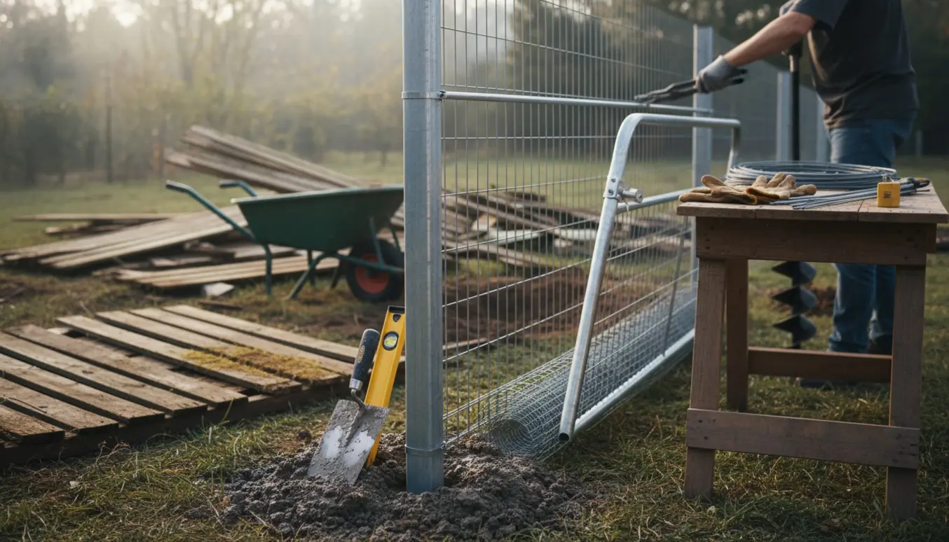 Nye hegnspæle i våd beton og rionet rulles ud i en baghave, mens gammelt råddent hegn fjernes.