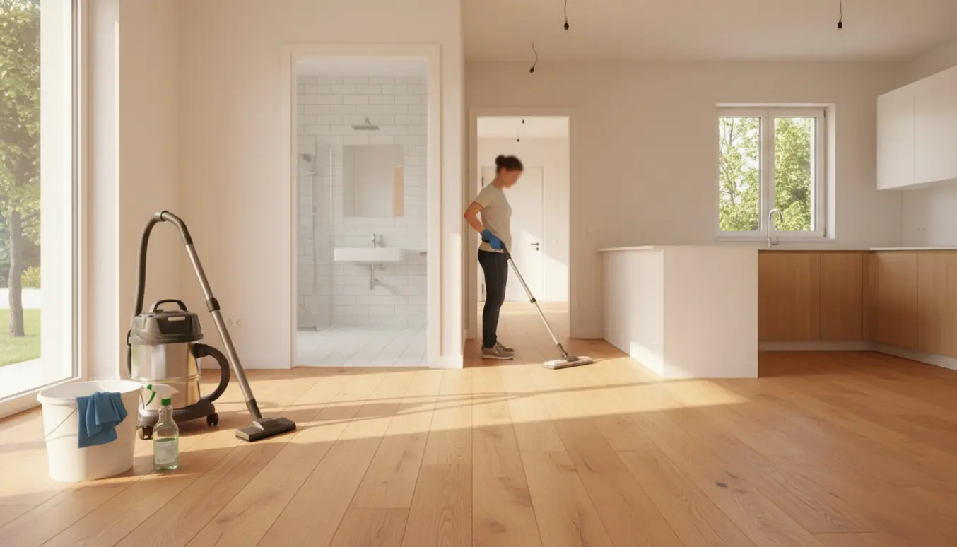 Professionel rengøring i en tom, solrig villa med støvsugning og gulvvask inden indflytning.