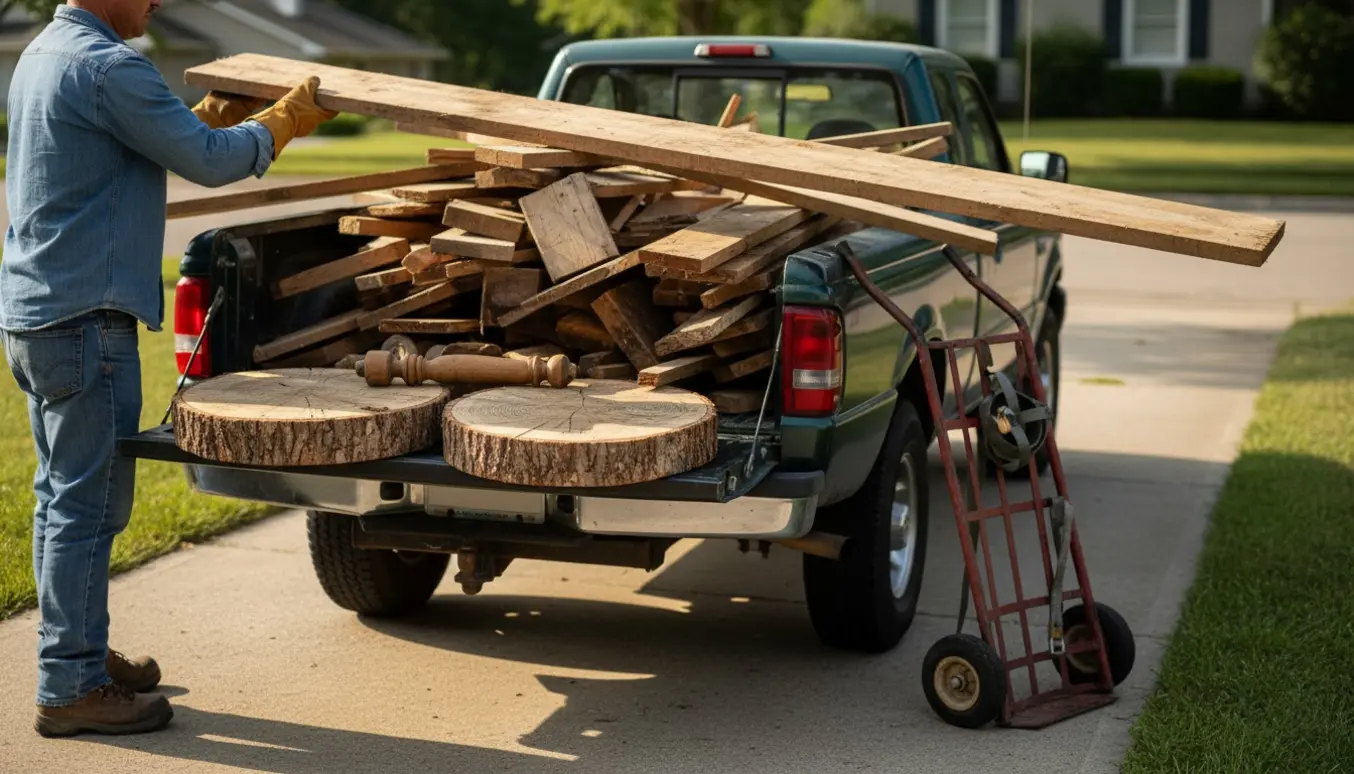 En person læsser forskellige træstykker, to store runde træstammer og træben ind i en lille pickup på indkørslen.